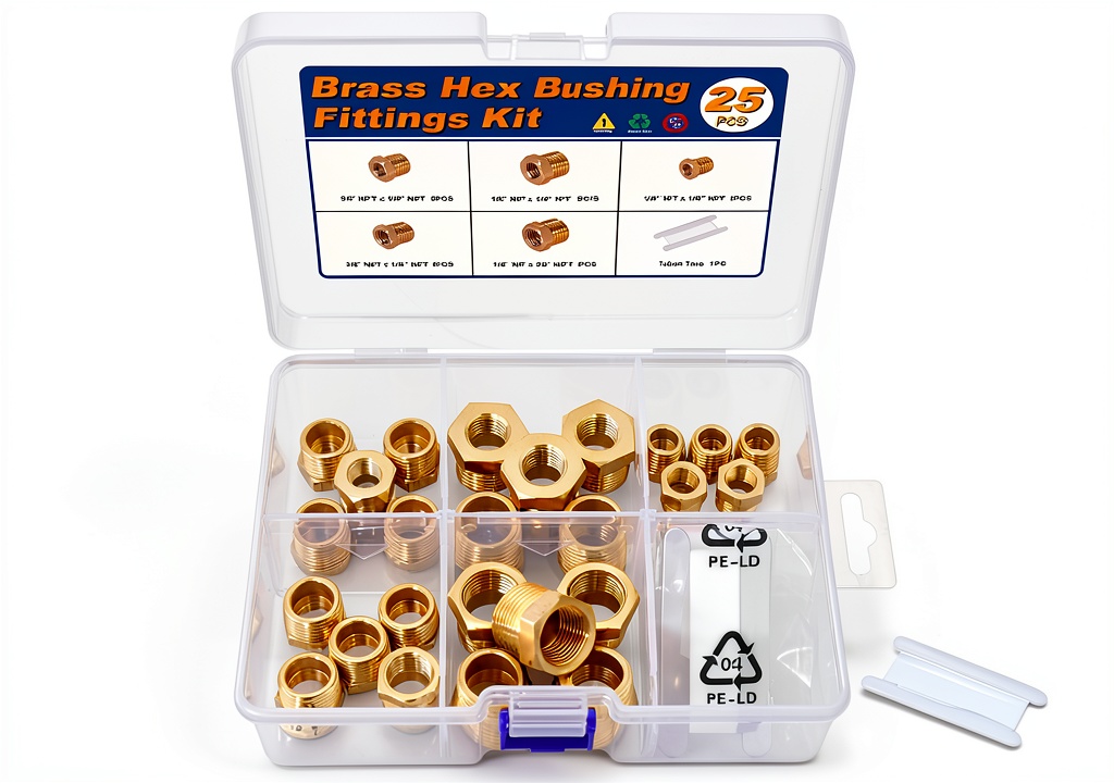 Installing KOOTANS Brass Hex Bushing Kit 25 PCS Premium CA360 Forged on a wooden workbench