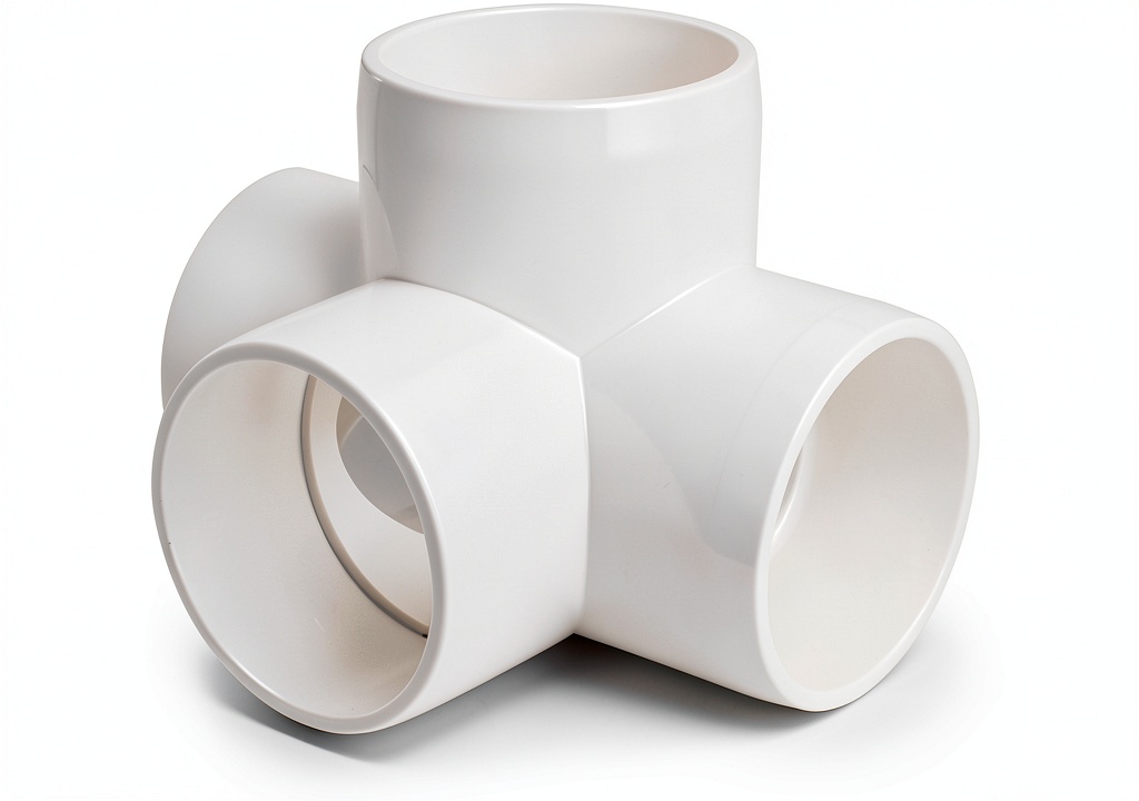 Zernmiarder 4-Way PVC Pipe Fittings in white with pipe connections