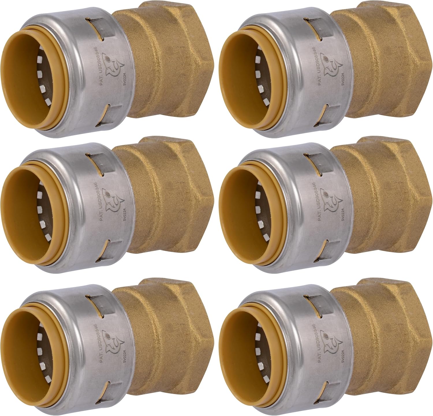 SharkBite Brass Push Female Adapter showing brass construction and threaded connections