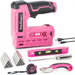 Pink Electric Staple Gun, 7PCS 2 in 1 Cordless Stapler Nail Gun Set with 2500pcs Staples Nails, 4V Brad Nailer Tacker for Upholstery, Wood, Carpentry, Crafts, DIY, Brad Nailer Kit with USB Charger-0